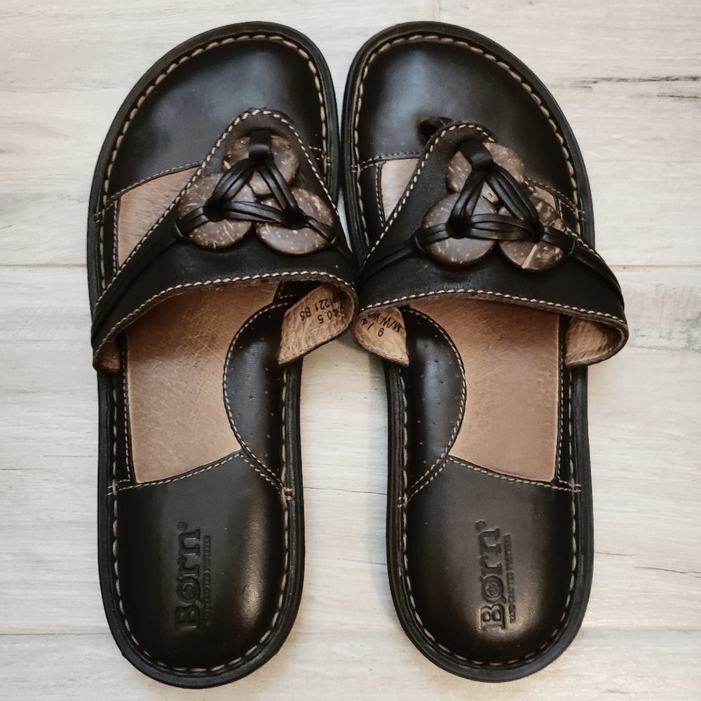Born Concepts Black Leather Button Accent Sandals